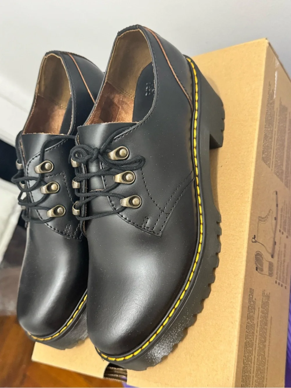 Dr. Martens Black Leather Platform Derby Shoes with Yellow Stitching